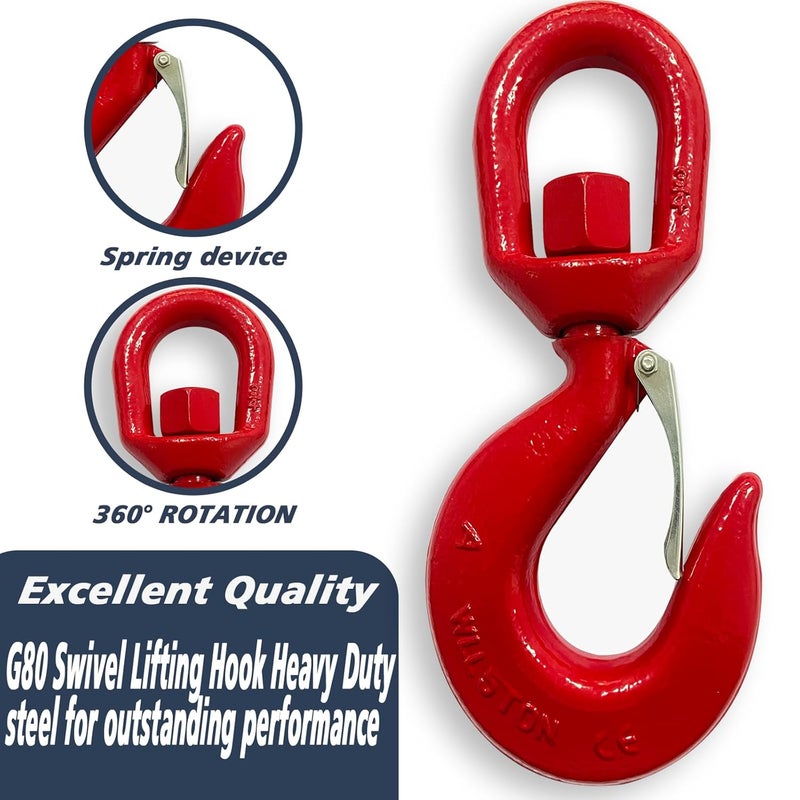 HANDRERLEE 5 Ton Swivel Hook, Heavy Duty Swivel Lifting Hook, Hoist Hook Rigging with Latch, G80 Swivel Eye Hook, 11000 Lbs Load Capacity(1PCS, Red) - Image 4